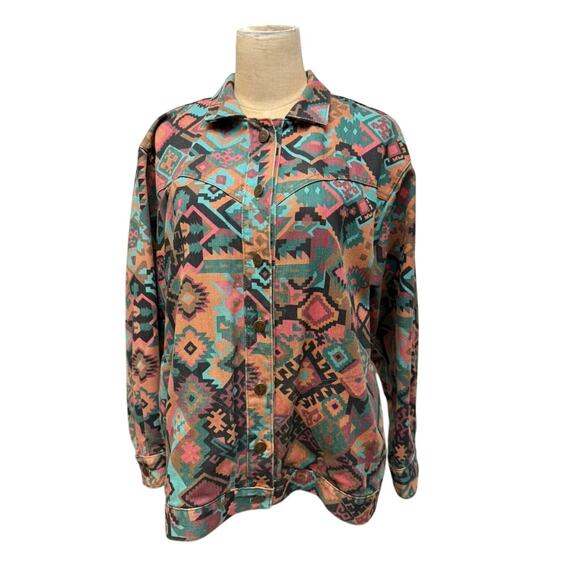 "GOTCHA COVERED" Aztec Print Denim Jean Jacket Womens SZ M VTG Cowgirl Rodeo - Picture 2 of 12